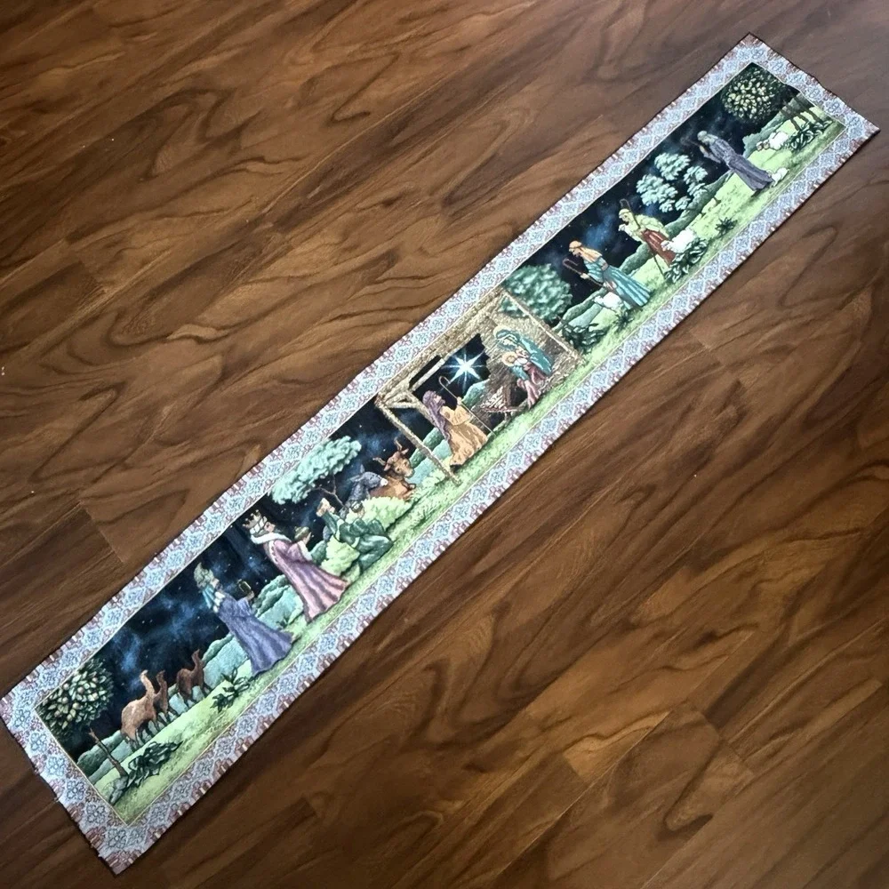 Vintage Christmas Nativity Table Runner 13x72 Woven Tapestry USA Manger Scene